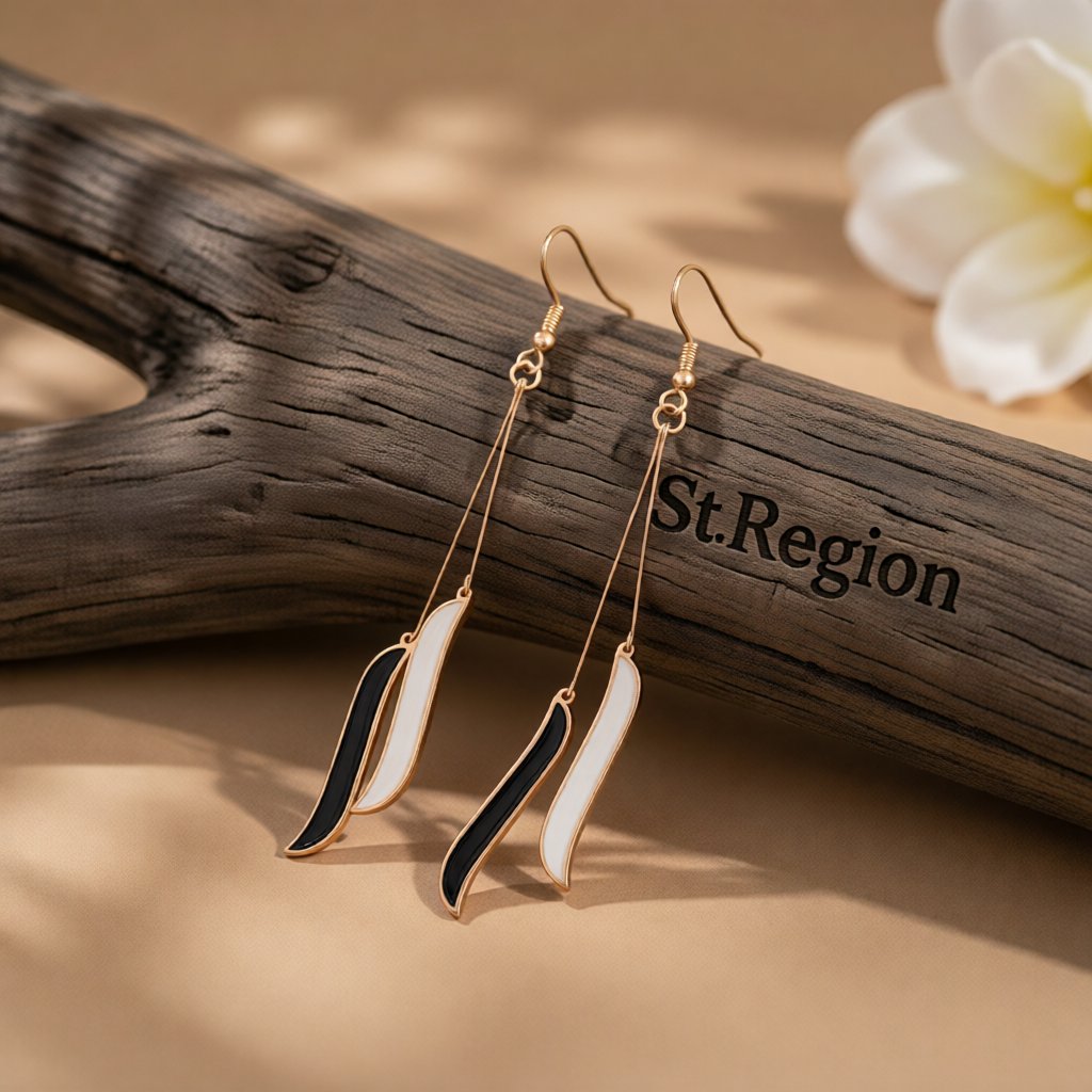 Black and 18K Rose Gold-Plated Salix Leaf Drop Earrings, rose gold drop earrings for women, botanical inspired, front view