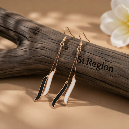 Black and 18K Rose Gold-Plated Salix Leaf Drop Earrings, rose gold drop earrings for women, botanical inspired, front view