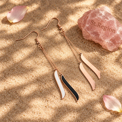 Black and 18K Rose Gold-Plated Salix Leaf Drop Earrings, rose gold drop earrings for women, detail close-up
