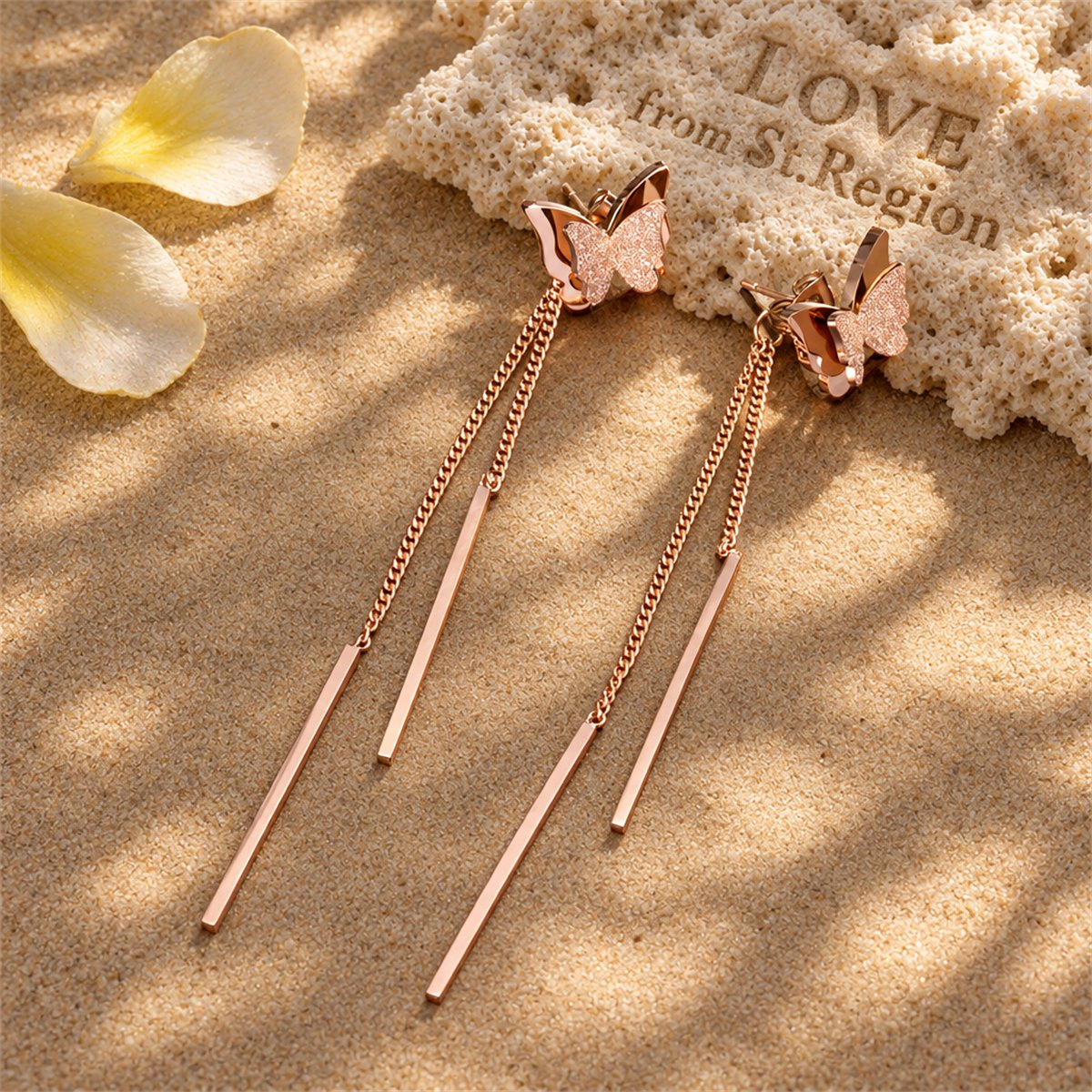 18K Rose Gold-Plated Frosted Butterfly Tassel Ear Jackets, dainty minimalist design, lifestyle look