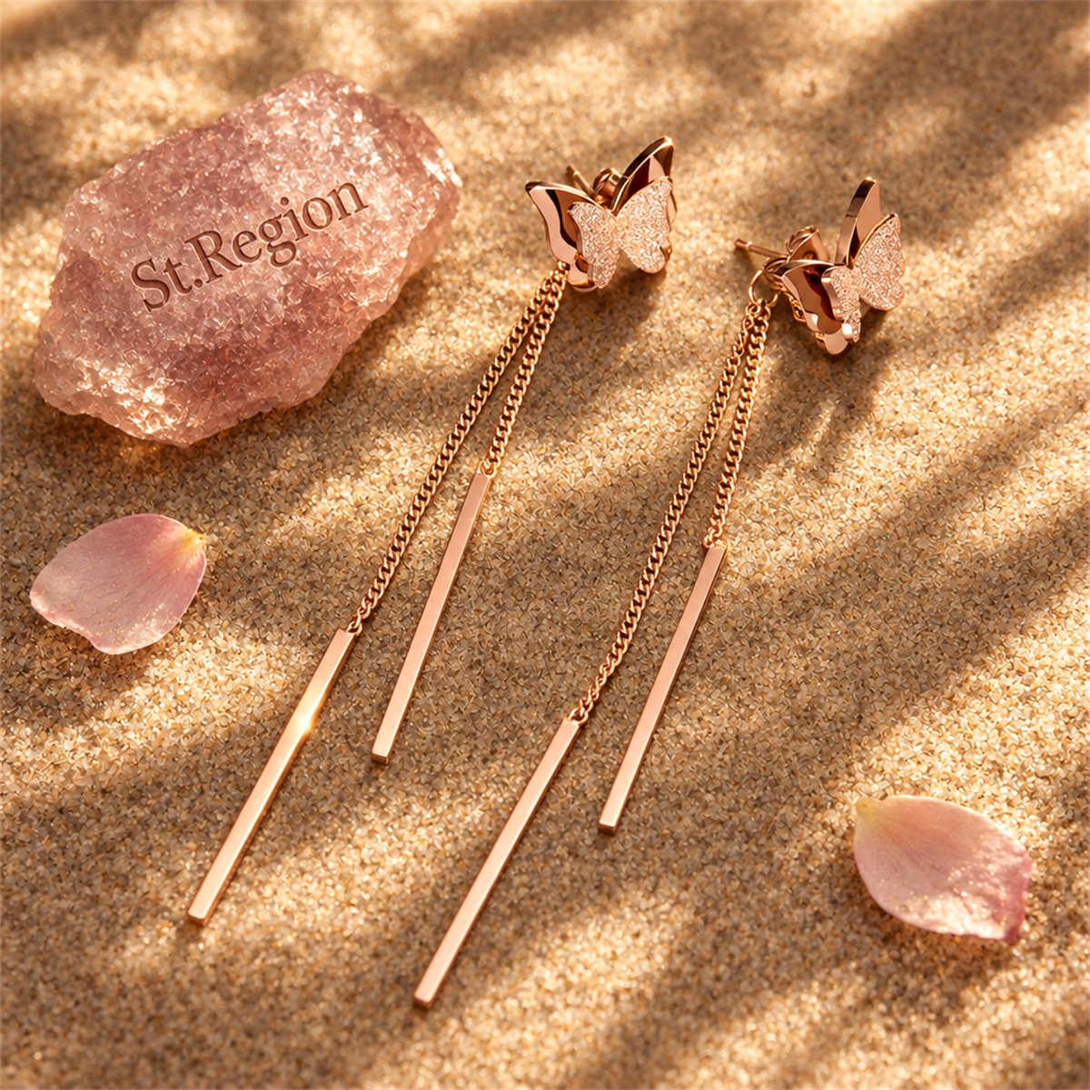 18K Rose Gold-Plated Frosted Butterfly Tassel Ear Jackets, dainty minimalist design, detail close-up