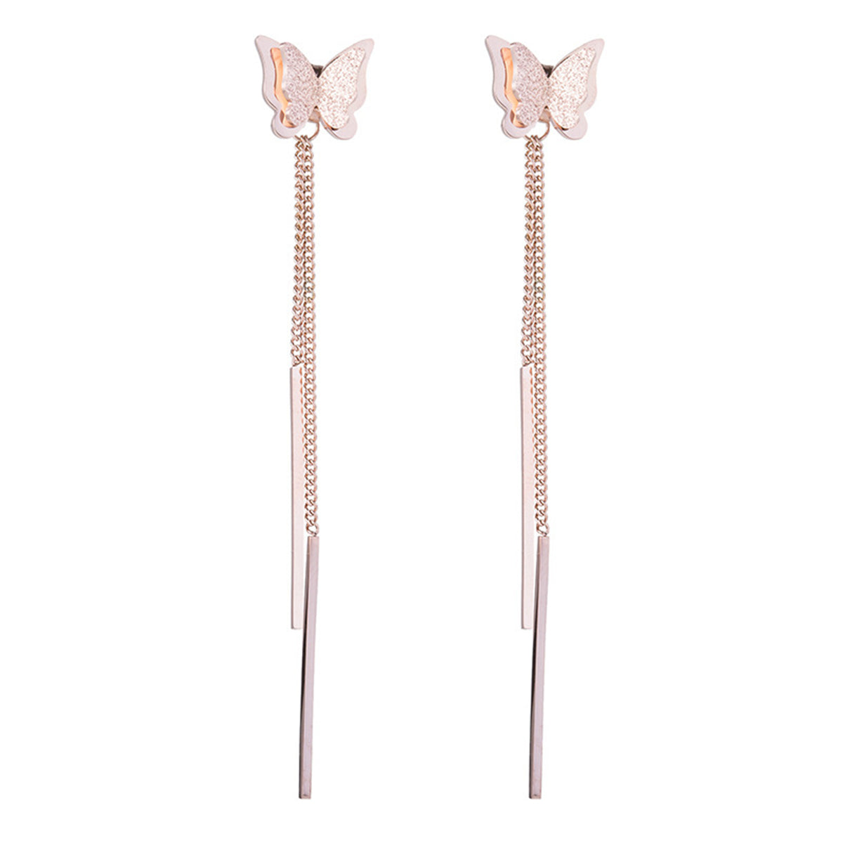 18K Rose Gold-Plated Frosted Butterfly Tassel Ear Jackets, dainty minimalist design, side view