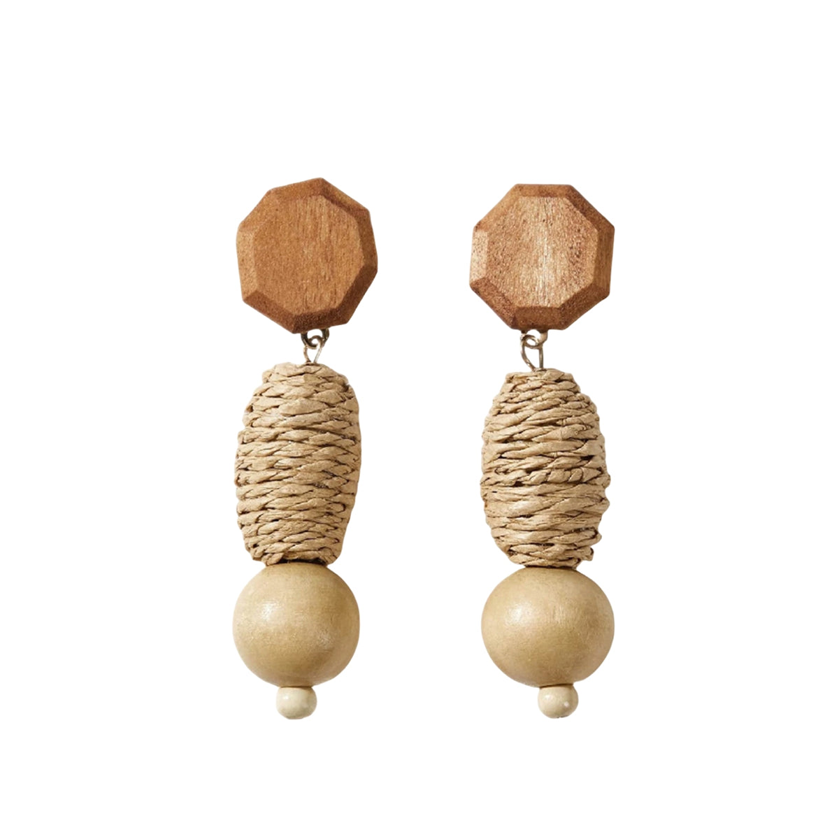 Wood and Rattan Geometric Tiered Drop Earrings, drop earrings for women, dainty minimalist design, detail close-up