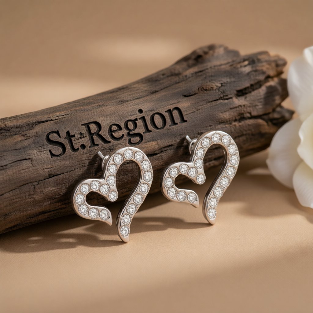 Cubic Zirconia and Silver-Plated Open Heart Stud Earrings, silver stud earrings for women, front view