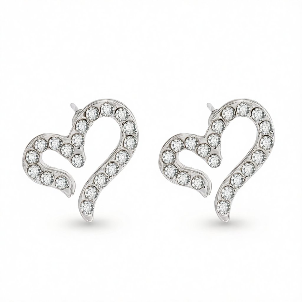 Cubic Zirconia and Silver-Plated Open Heart Stud Earrings, silver stud earrings for women, vintage-inspired design, side view