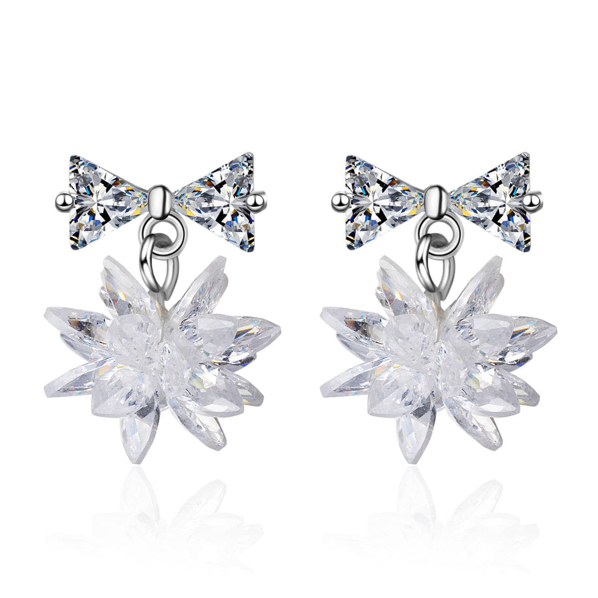 Cubic Zirconia and Crystal Silver-Plated Bow and Snowflake Drop Earrings, silver drop earrings for women, side view