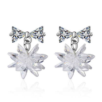 Cubic Zirconia and Crystal Silver-Plated Bow and Snowflake Drop Earrings, silver drop earrings for women, side view