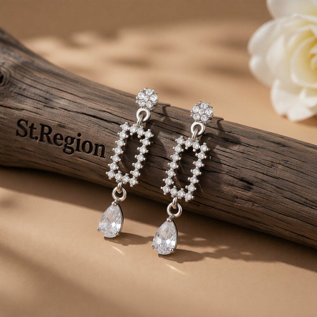 Cubic Zirconia and Crystal Silver-Plated Pear-Cut Geometric Drop Earrings, silver drop earrings for women, front view