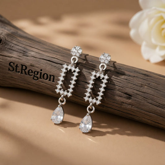 Cubic Zirconia and Crystal Silver-Plated Pear-Cut Geometric Drop Earrings, silver drop earrings for women, front view