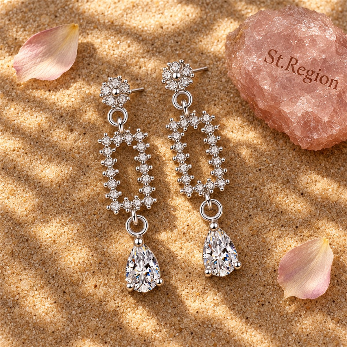 Cubic Zirconia and Crystal Silver-Plated Pear-Cut Geometric Drop Earrings, silver drop earrings for women, detail close-up