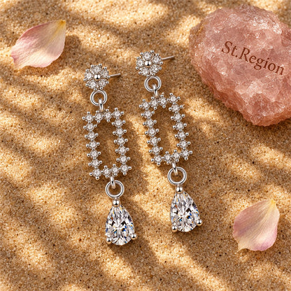 Cubic Zirconia and Crystal Silver-Plated Pear-Cut Geometric Drop Earrings, silver drop earrings for women, detail close-up