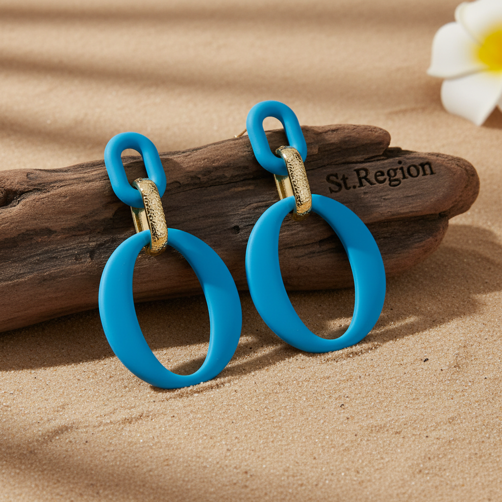 Sky Blue Enamel & 18K Gold-Plated Openwork Oval Drop Earrings - Street Region