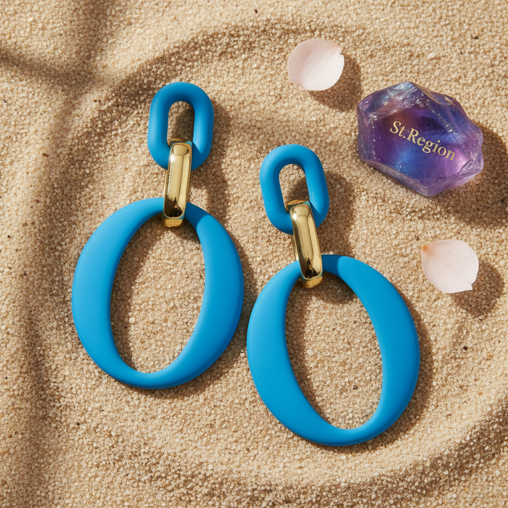 Sky Blue Enamel & 18K Gold-Plated Openwork Oval Drop Earrings - Street Region