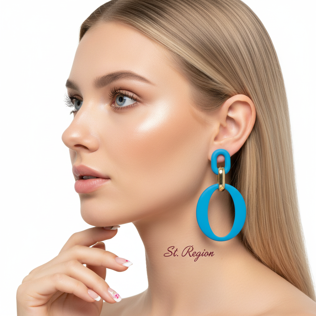 Sky Blue Enamel & 18K Gold-Plated Openwork Oval Drop Earrings - Street Region