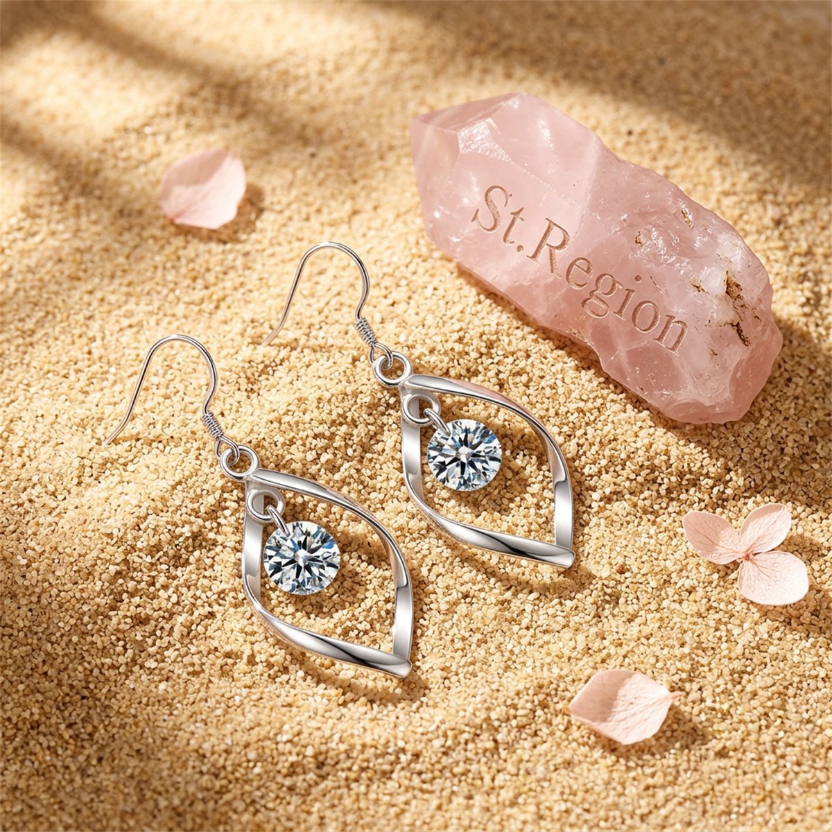 Cubic Zirconia and Silver-Plated Twisted Drop Earrings, silver drop earrings for women, everyday style, detail close-up