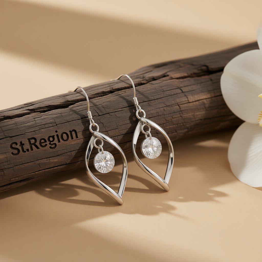 Cubic Zirconia and Silver-Plated Twisted Drop Earrings, silver drop earrings for women, everyday style, front view