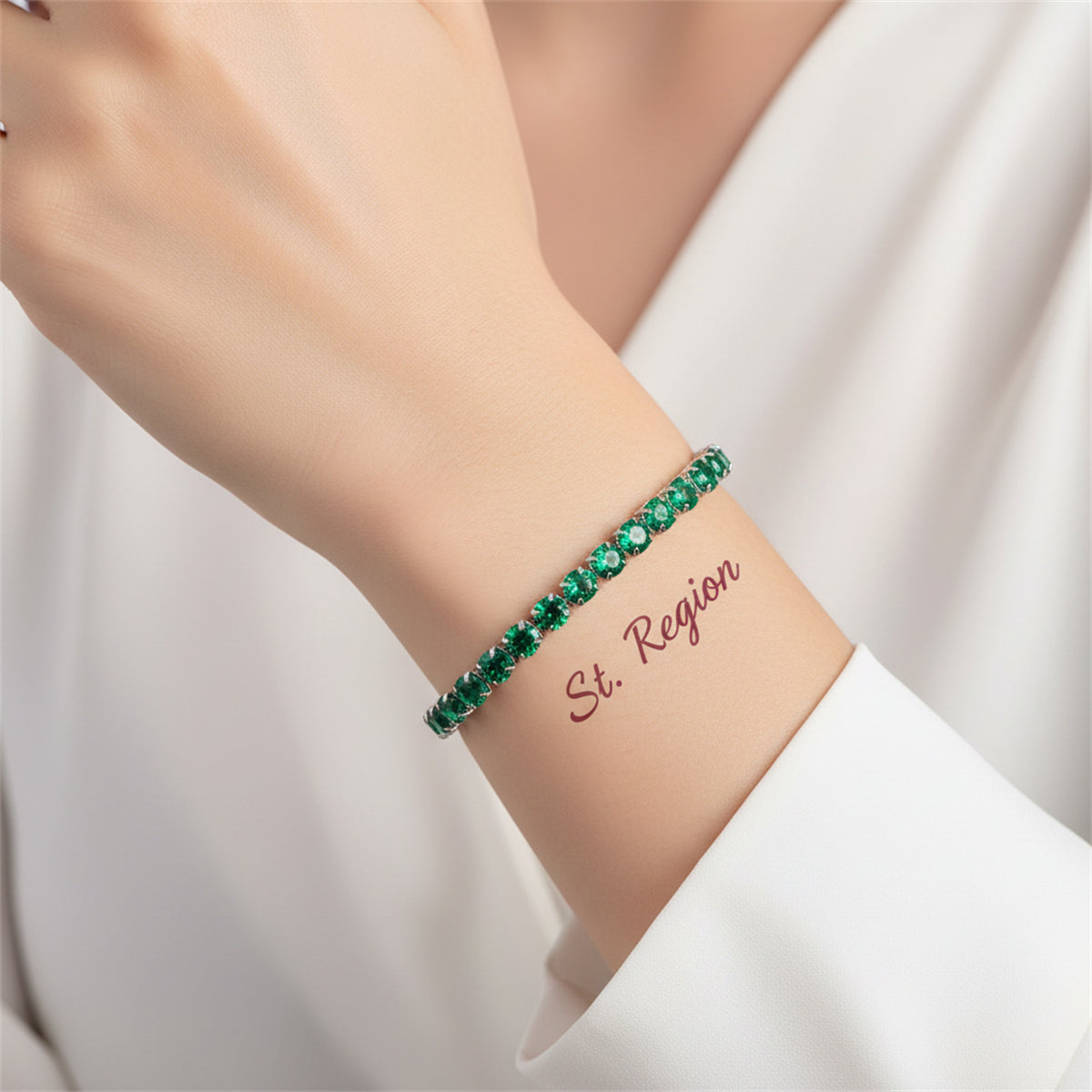 Green Cubic Zirconia & Silver-Plated Adjustable Link Bracelet