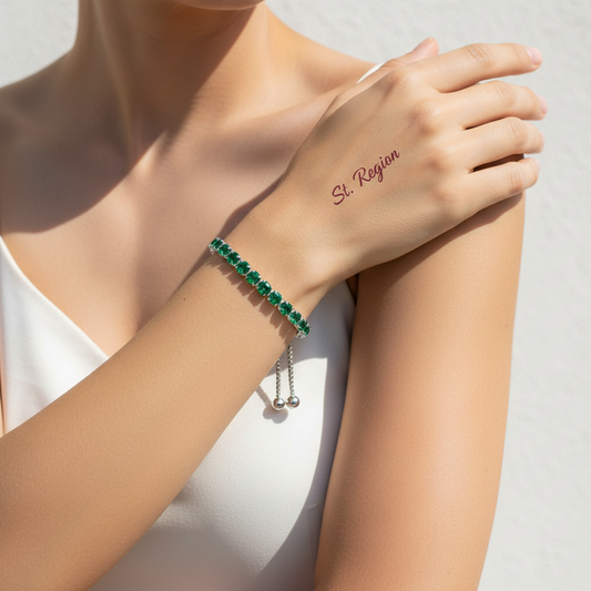 Green Cubic Zirconia & Silver-Plated Adjustable Link Bracelet