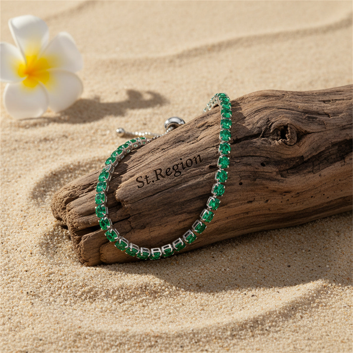 Green Cubic Zirconia & Silver-Plated Adjustable Link Bracelet