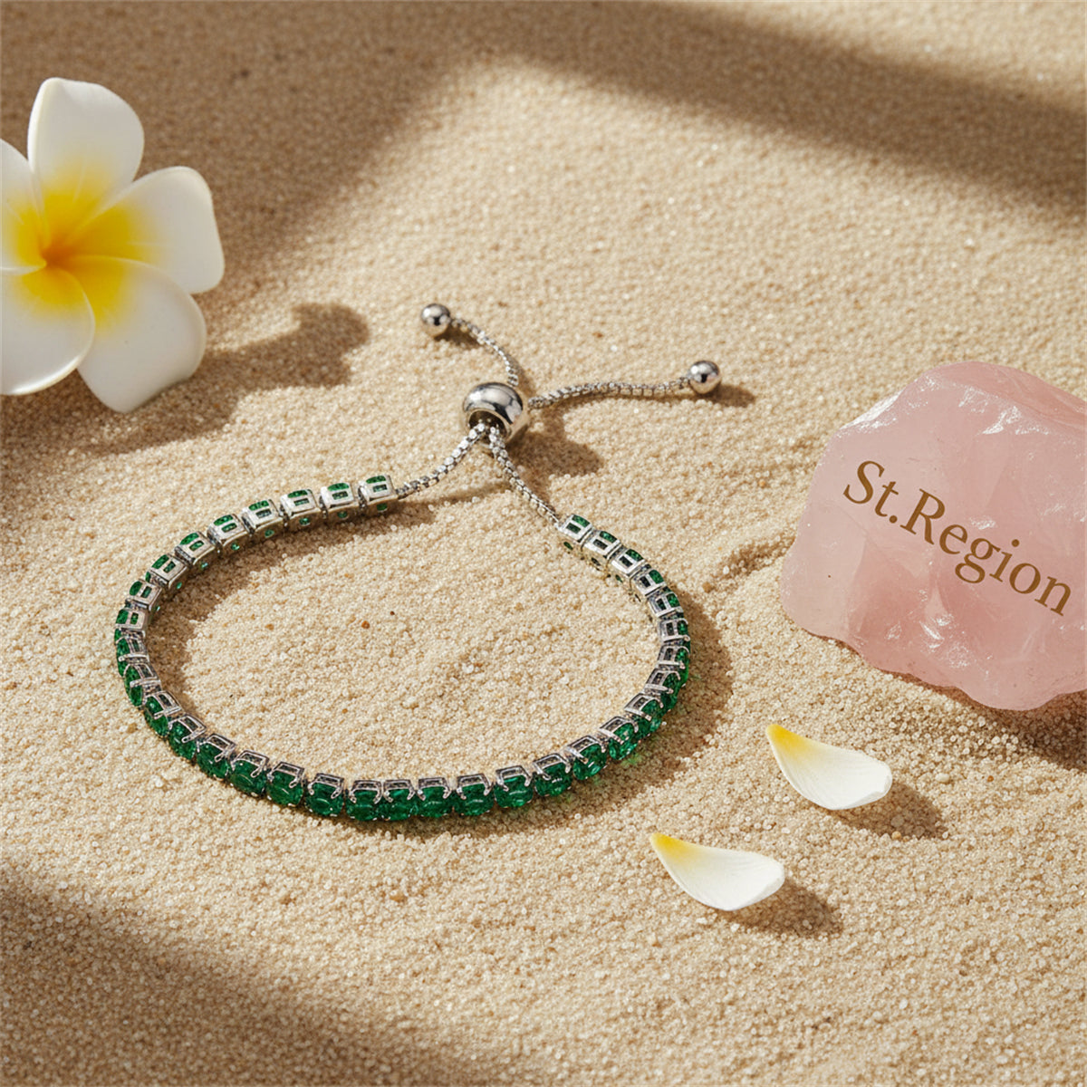 Green Cubic Zirconia & Silver-Plated Adjustable Link Bracelet