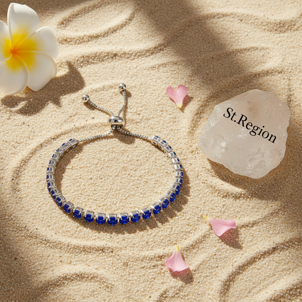 Navy Cubic Zirconia & Silver-Plated Adjustable Link Bracelet - Street Region