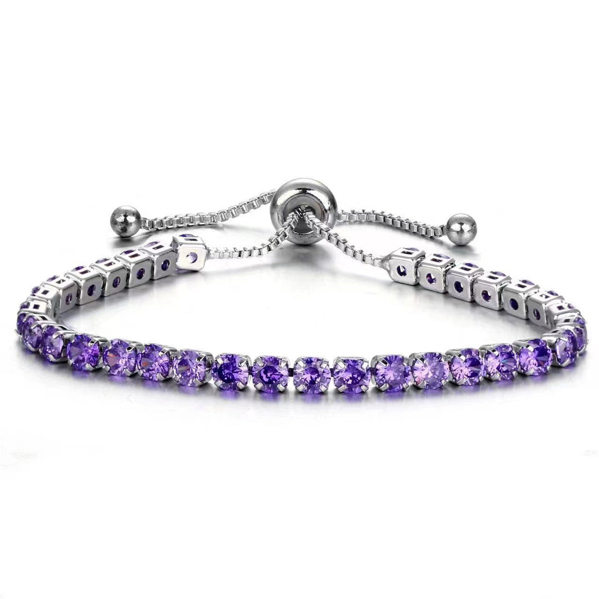 Purple Cubic Zirconia & Silver-Plated Adjustable Link Bracelet