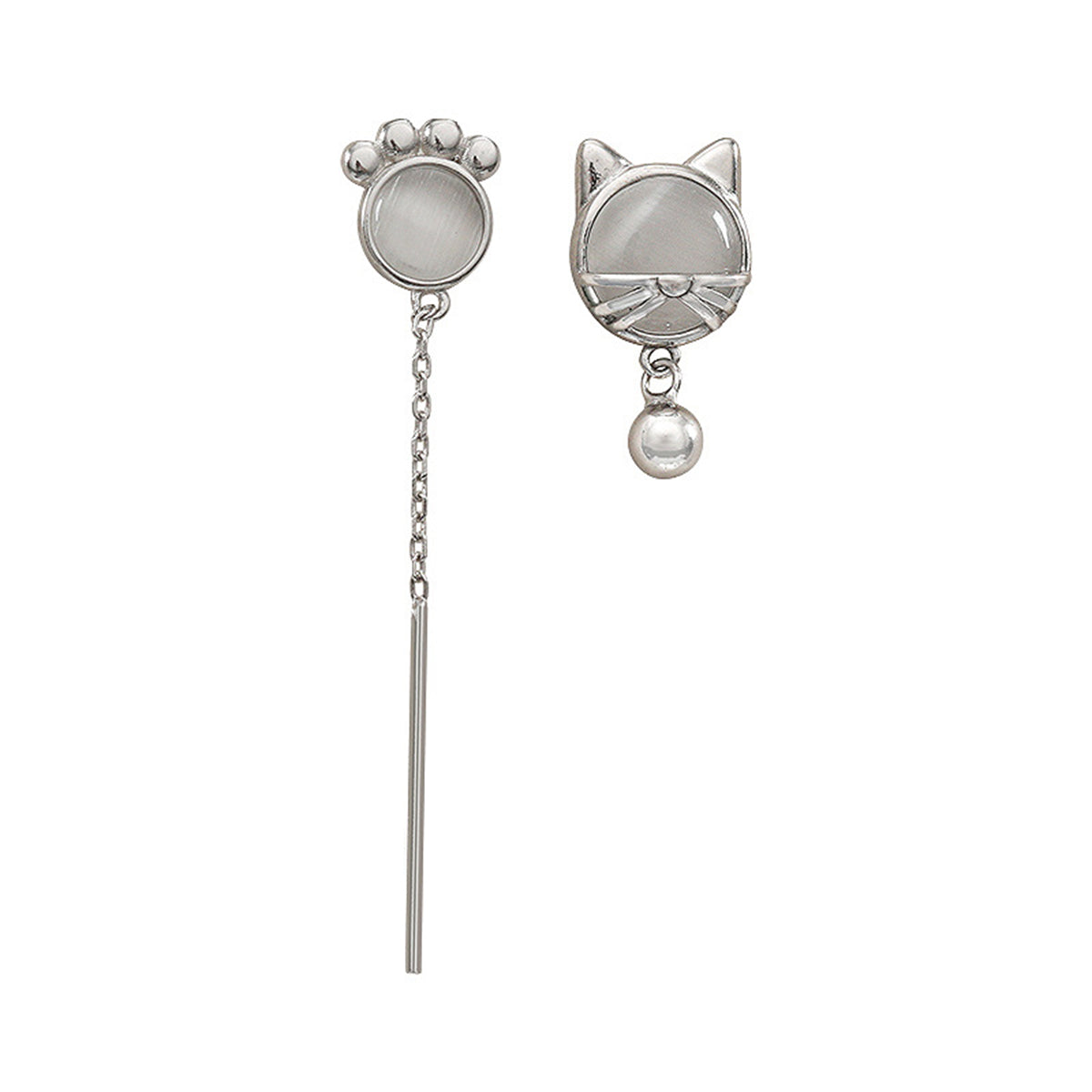 White Cat Eye & Silver-Plated Kitty Mismatching Drop Earrings