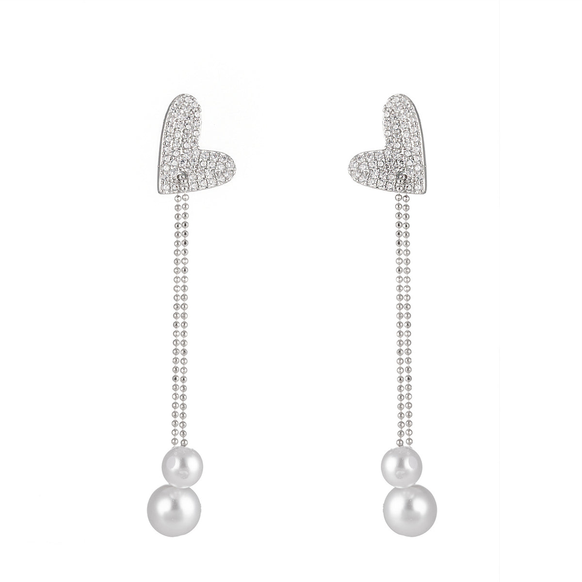 Cubic Zirconia & Pearl Silver-Plated Heart Bead Drop Earrings