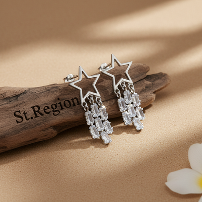 Crystal & Silver-Plated Open Star Tassel Drop Earrings - Street Region
