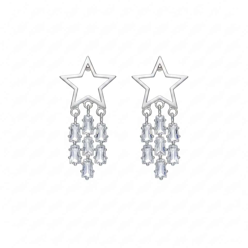 Crystal & Silver-Plated Open Star Tassel Drop Earrings - Street Region