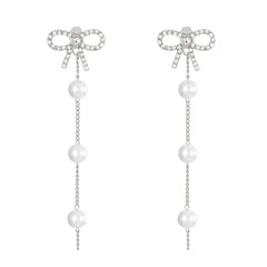 Cubic Zirconia & Pearl Silver-Plated Bow Dangle Ear Jackets