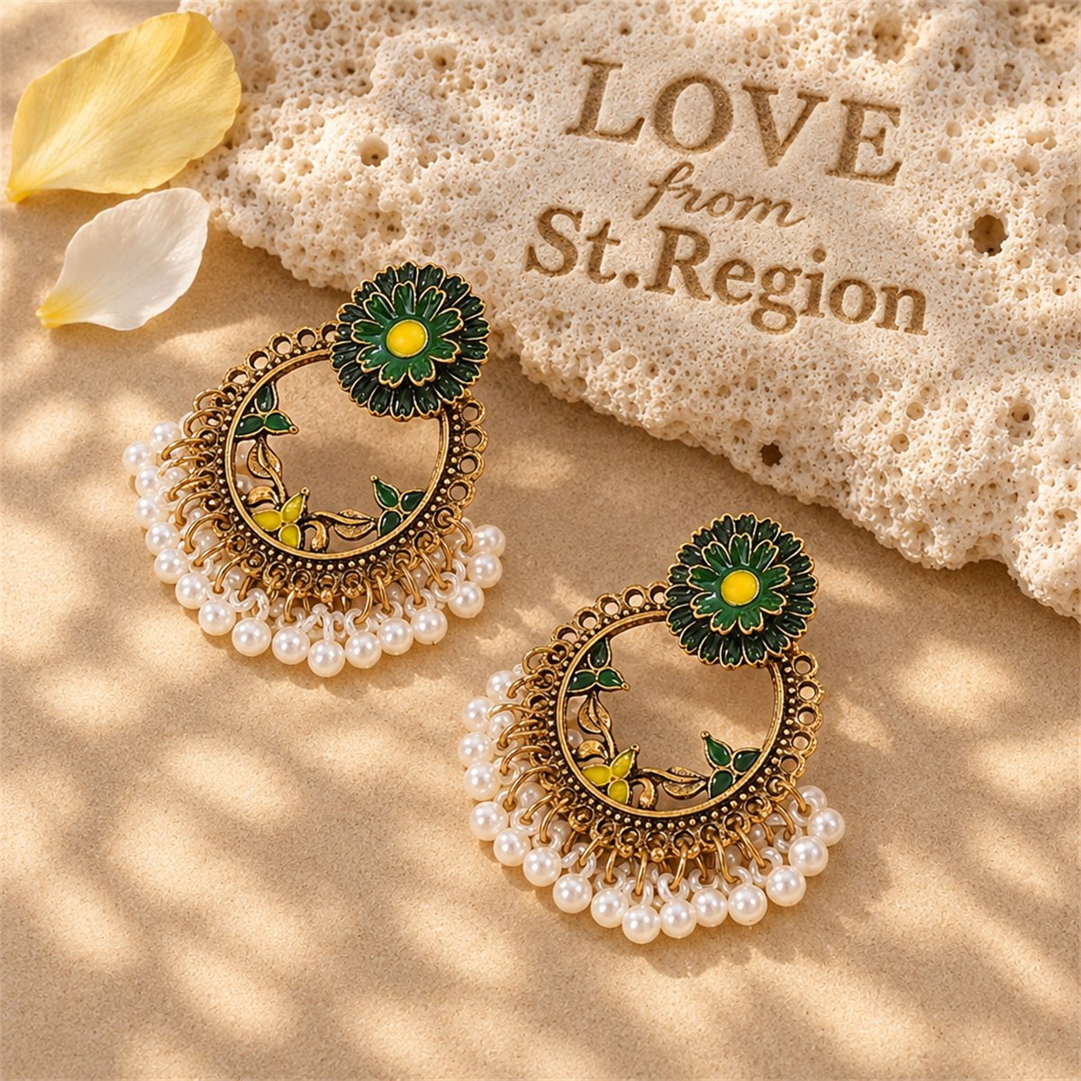 Green Enamel and Pearl 18K Gold-Plated Floral Wreath Drop Earrings, gold drop earrings for women, lifestyle look