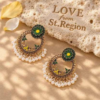 Green Enamel and Pearl 18K Gold-Plated Floral Wreath Drop Earrings, gold drop earrings for women, lifestyle look