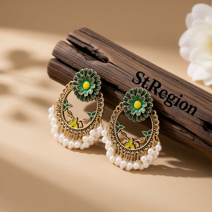 Green Enamel and Pearl 18K Gold-Plated Floral Wreath Drop Earrings, gold drop earrings for women, everyday style, front view