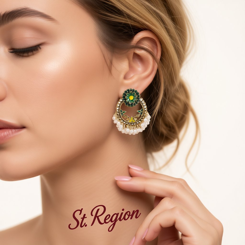 Green Enamel and Pearl 18K Gold-Plated Floral Wreath Drop Earrings, gold drop earrings for women, everyday style, styled look