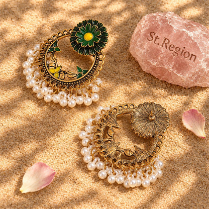 Green Enamel and Pearl 18K Gold-Plated Floral Wreath Drop Earrings, gold drop earrings for women, detail close-up