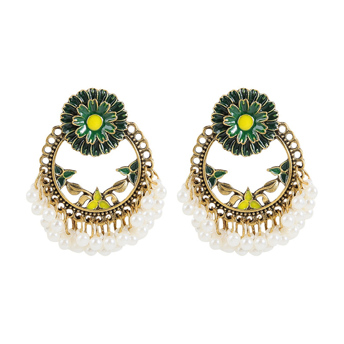 Green Enamel and Pearl 18K Gold-Plated Floral Wreath Drop Earrings, gold drop earrings for women, everyday style, side view