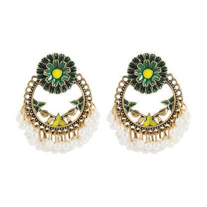 Green Enamel and Pearl 18K Gold-Plated Floral Wreath Drop Earrings, gold drop earrings for women, everyday style, side view