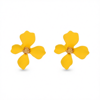 Yellow Enamel & 18K Gold-Plated Four-Petal Flower Stud Earrings