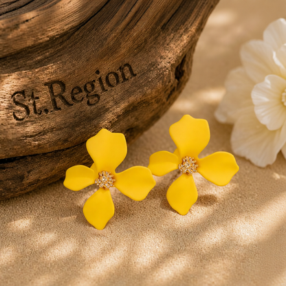 Yellow Enamel & 18K Gold-Plated Four-Petal Flower Stud Earrings