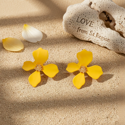 Yellow Enamel & 18K Gold-Plated Four-Petal Flower Stud Earrings