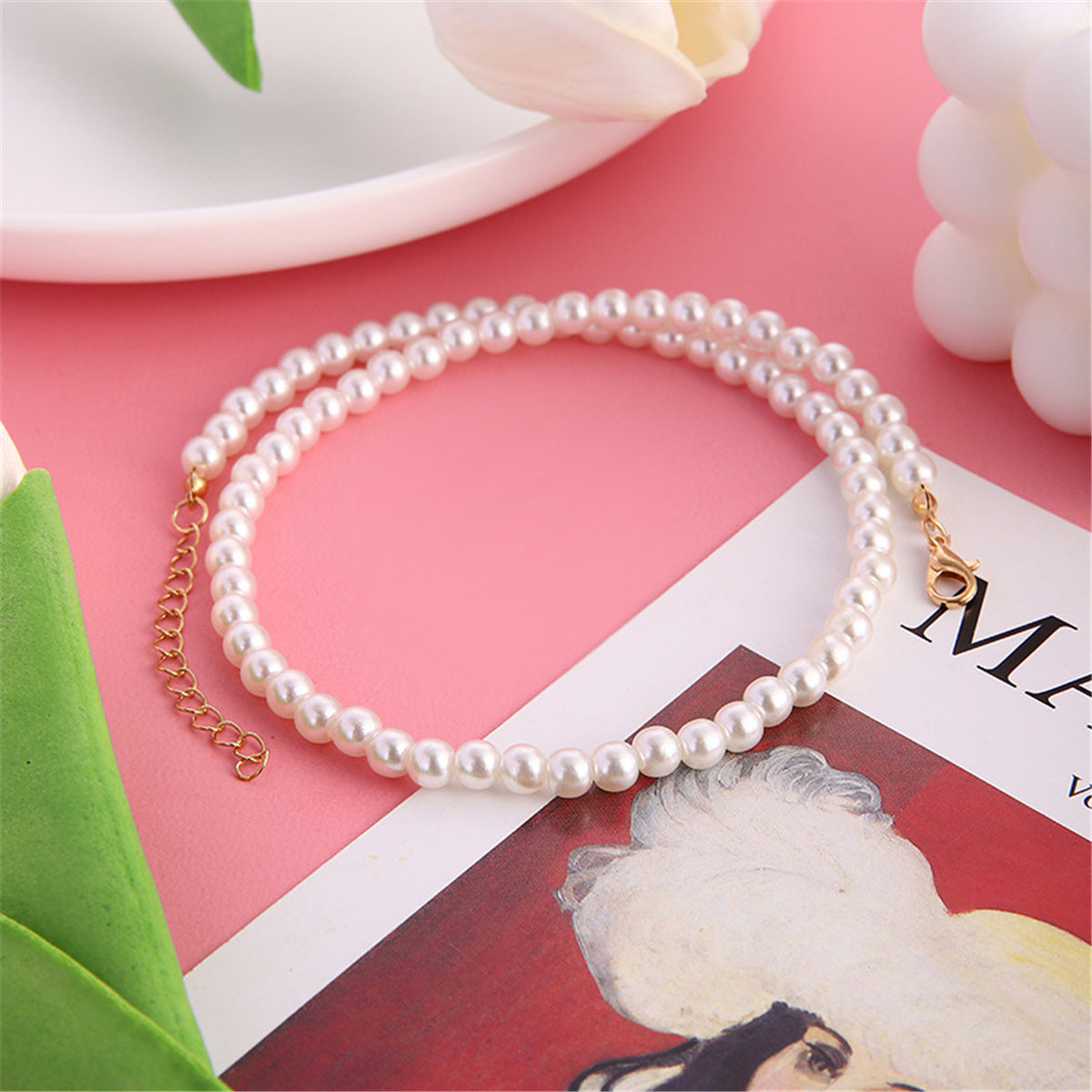 Pearl and 18K Gold-Plated Beaded Choker Necklace, gold pendant necklace for women, botanical inspired, side view