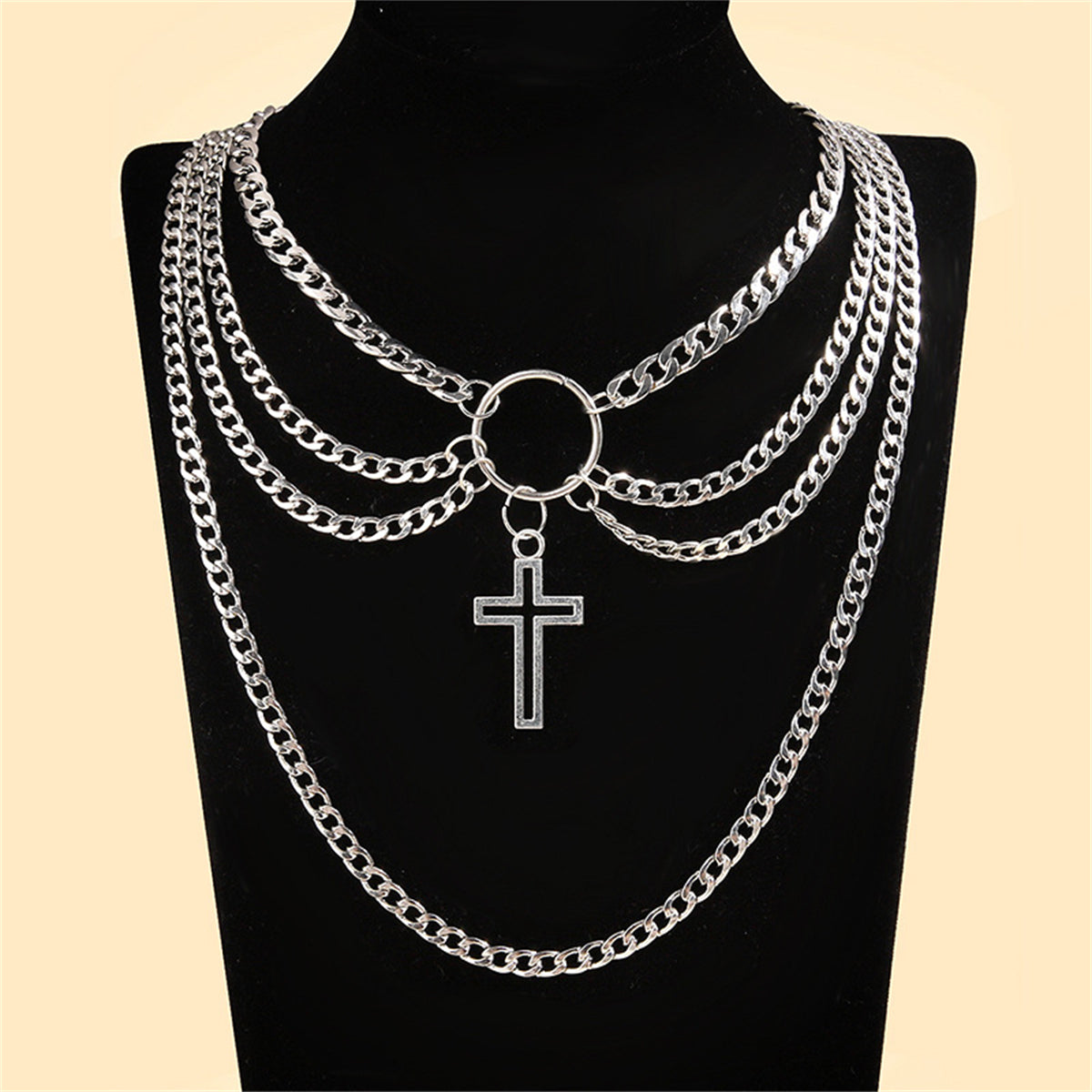 Silver-Plated Cross Layered Pendant Necklace, silver pendant necklace for women, everyday style, front view