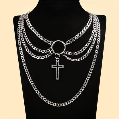 Silver-Plated Cross Layered Pendant Necklace, silver pendant necklace for women, everyday style, front view