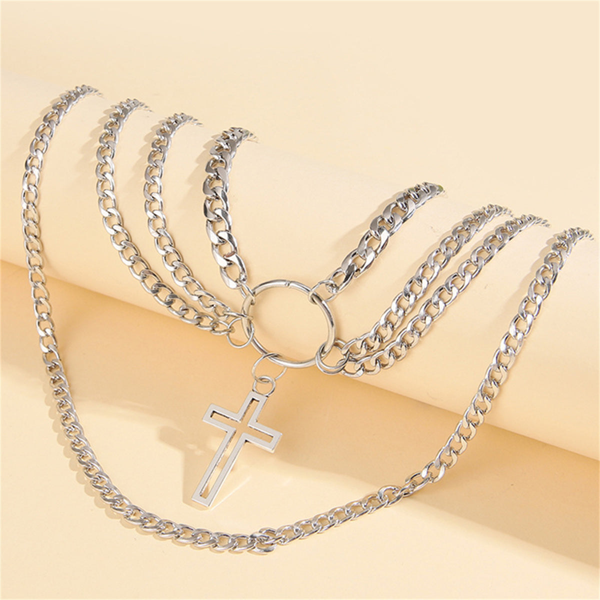 Silver-Plated Cross Layered Pendant Necklace, silver pendant necklace for women, everyday style, detail close-up
