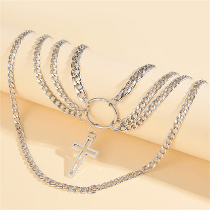 Silver-Plated Cross Layered Pendant Necklace, silver pendant necklace for women, everyday style, detail close-up