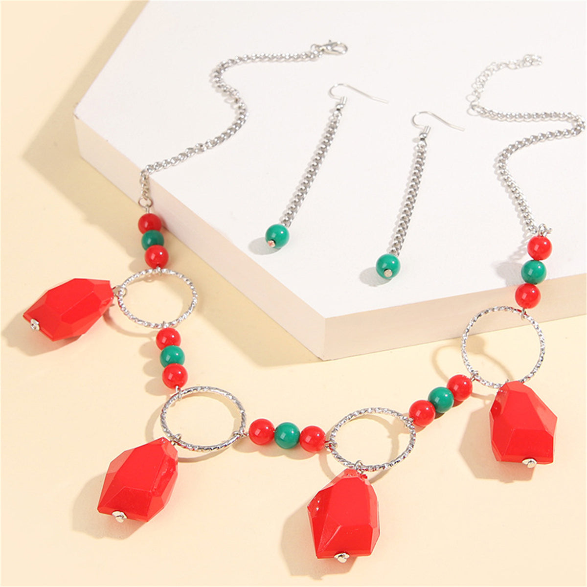 Red Resin Statement Necklace & Drop Earrings