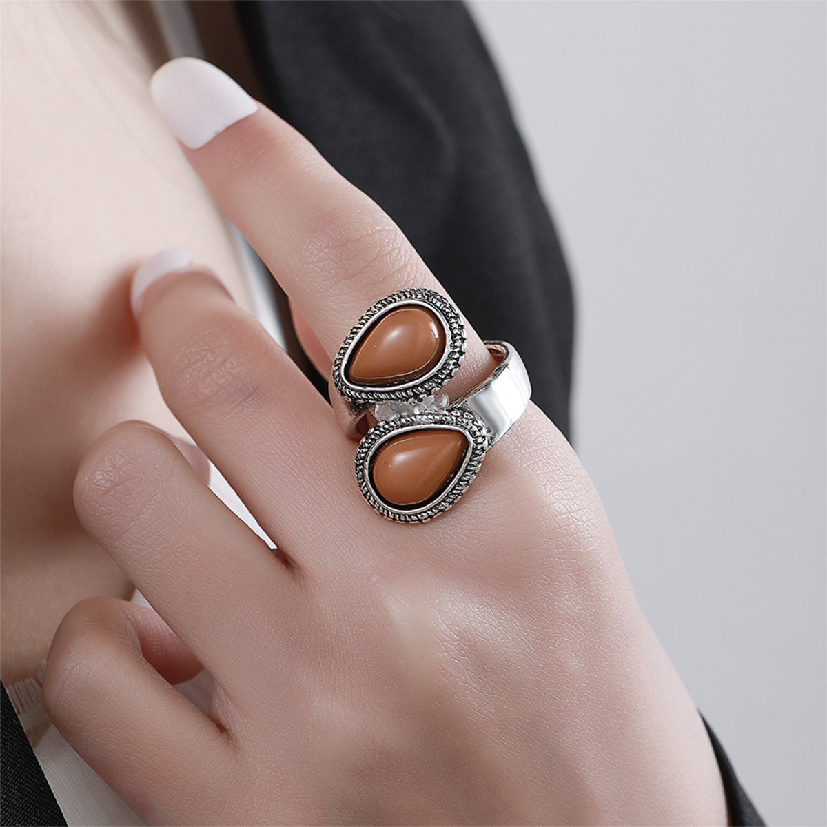 Orange Resin and Silver-Plated Drop Open Ring, silver statement rings for women, dainty minimalist design, front view
