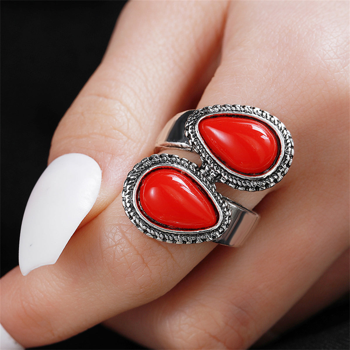 Red Resin and Silver-Plated Drop Open Ring, silver statement rings for women, dainty minimalist design, front view