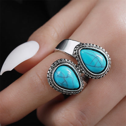 Blue Turquoise and Silver-Plated Drop Open Ring, silver statement rings for women, botanical inspired, front view